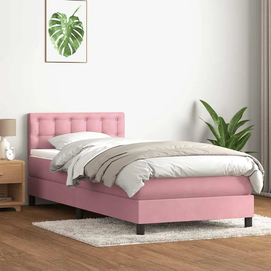 Sommier à lattes de lit avec matelas et LED rose 80x220 cm velours - 4