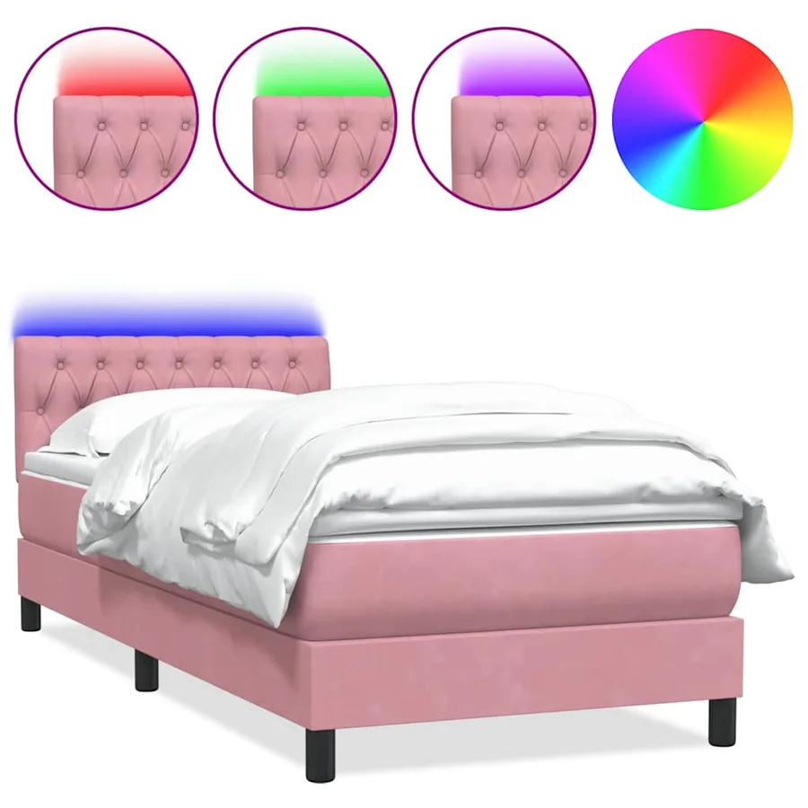 Sommier à lattes de lit avec matelas et LED rose 80x210 cm velours - 2