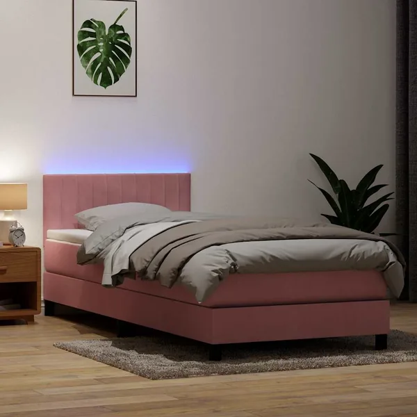 Sommier à lattes de lit avec matelas et LED rose 90x210 cm velours