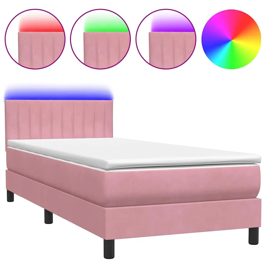 Sommier à lattes de lit avec matelas et LED rose 90x210 cm velours - 2