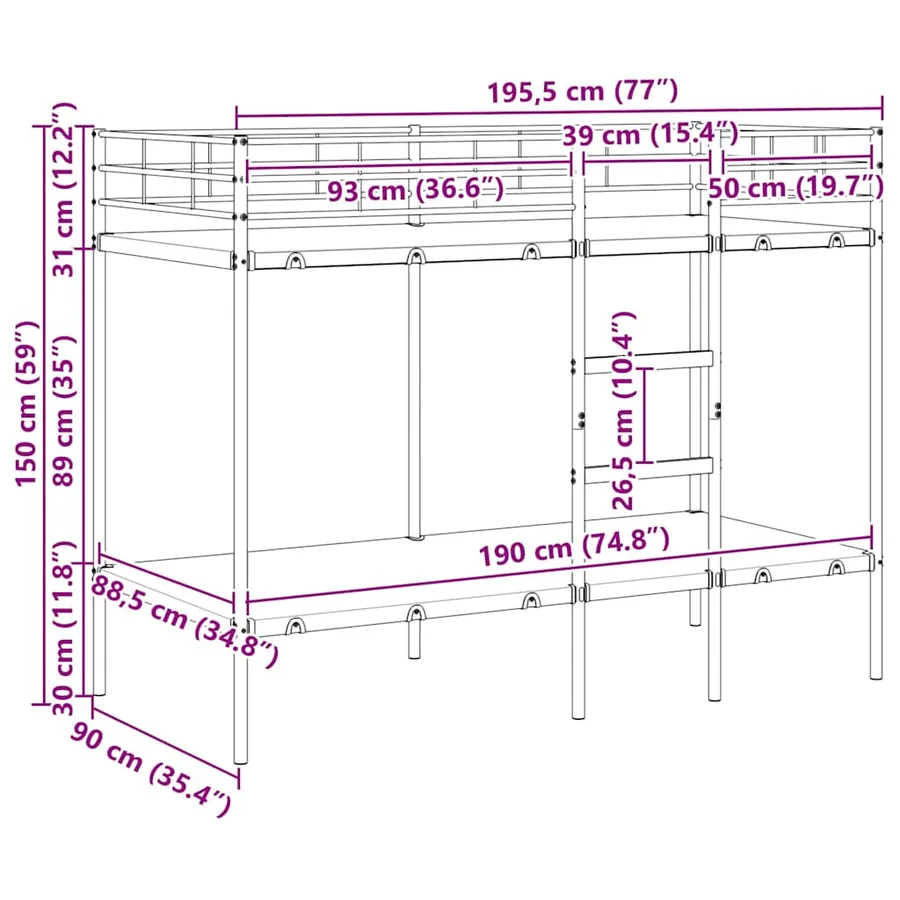 Lit superposé sans matelas noir 90x190 cm acier - 12