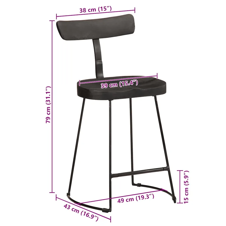 Tabourets de bar lot de 2 noir 49x43x79 cm bois manguier massif - 9
