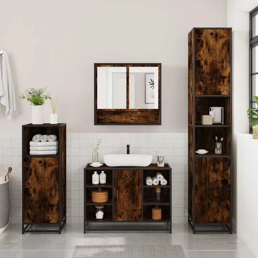 Ensemble meubles salle de bain 4 pcs chêne fumé bois ingénierie - 3