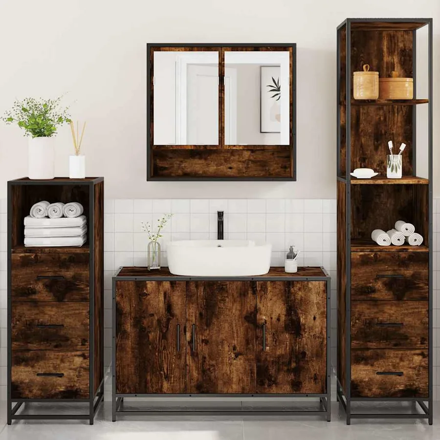 Ensemble meubles salle de bain 4 pcs chêne fumé bois ingénierie - 3