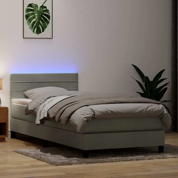 Sommier à lattes de lit et matelas et LED gris clair 80x220 cm velours