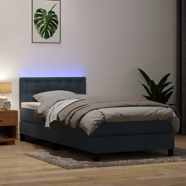 Sommier à lattes de lit et matelas et LED gris foncé 80x210 cm velours
