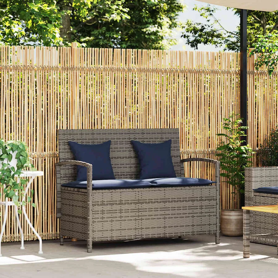 Banc de rangement de jardin avec coussin gris résine tressée - 2