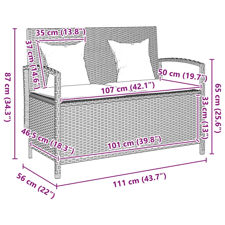 Banc de rangement de jardin avec coussin gris résine tressée - 12