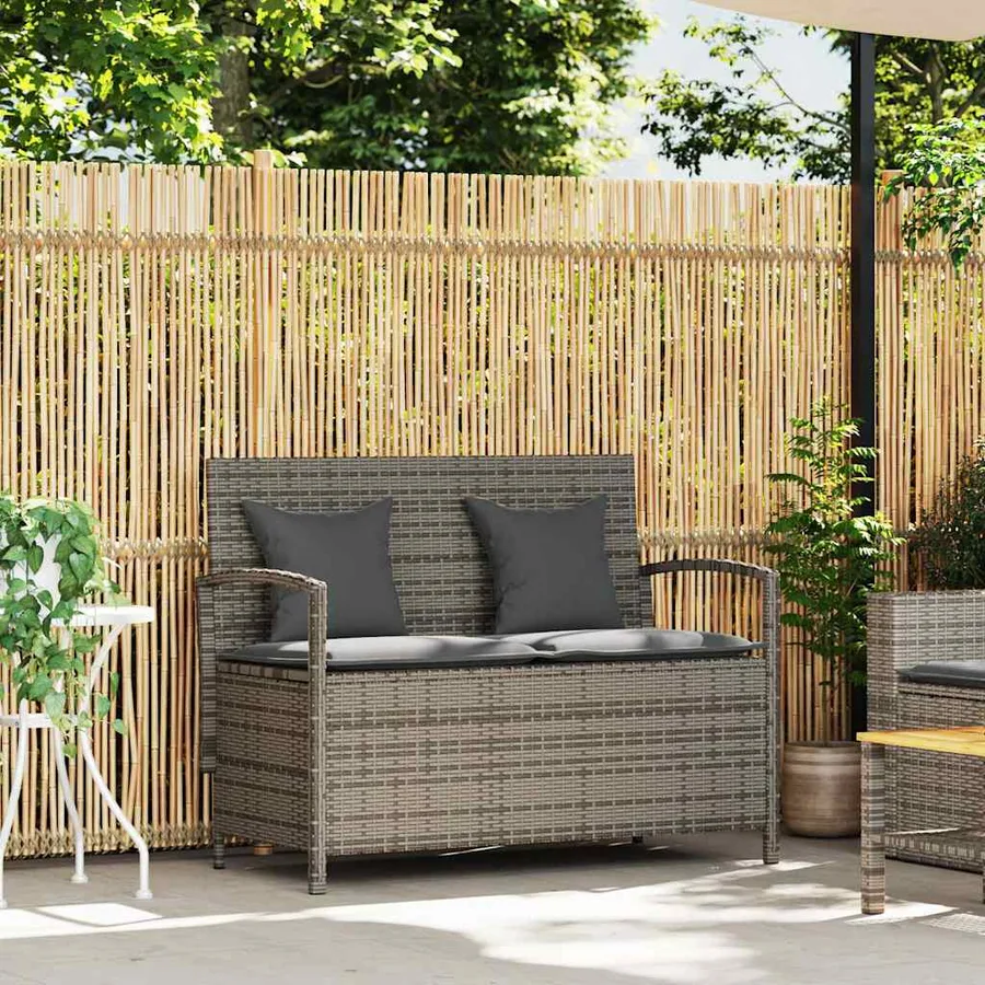 Banc de rangement de jardin avec coussin gris résine tressée - 2