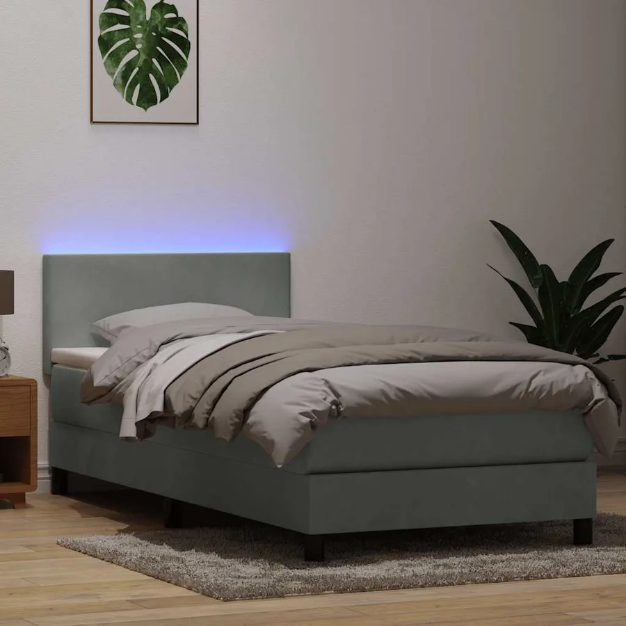 Sommier à lattes de lit et matelas et LED gris clair 90x210 cm velours - 4
