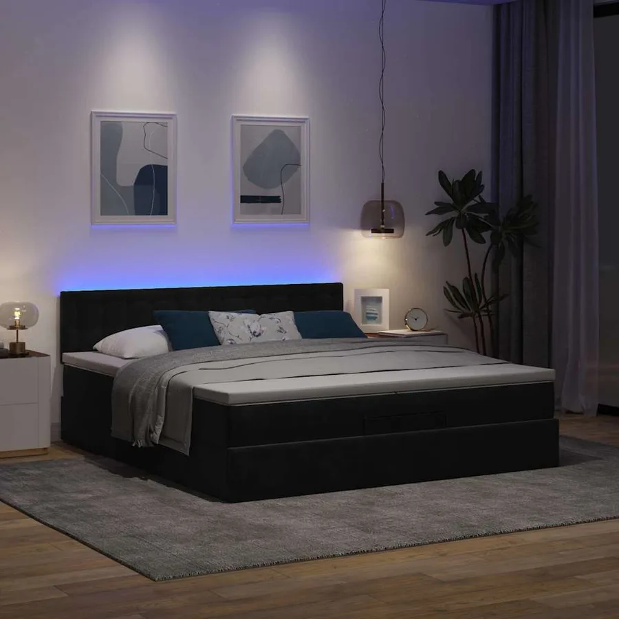 Cadre de lit ottoman avec matelas noir 200x200cm velours - 3