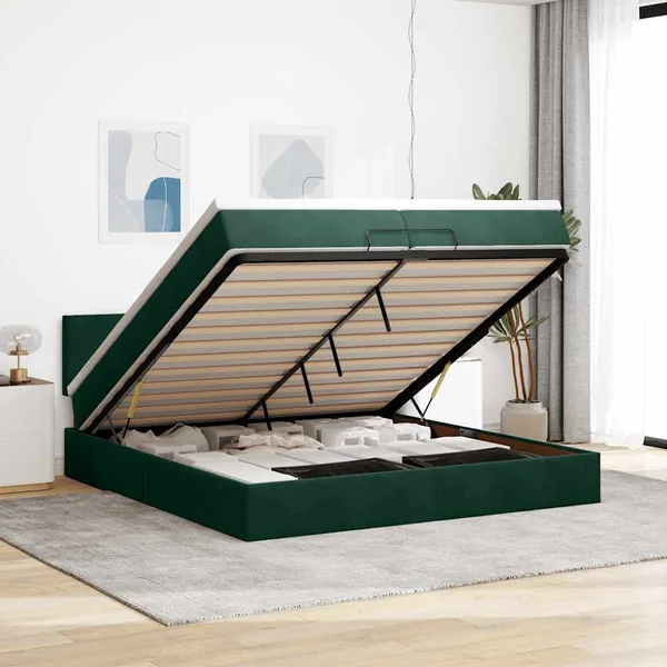 Cadre de lit ottoman avec matelas vert foncé 200x200 cm velours