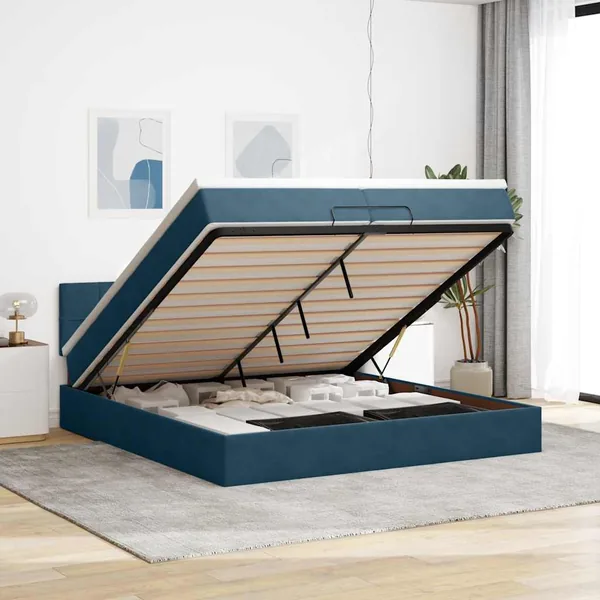 Cadre de lit ottoman avec matelas bleu foncé 200x200 cm velours