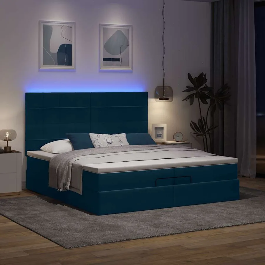 Lit coffre avec matelas et LED velours bleu foncé 200x200cm - 3