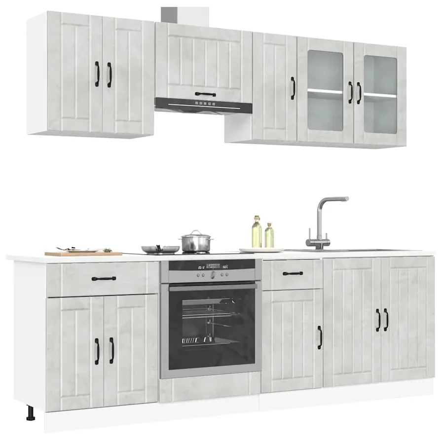Ensemble de 8 meubles de cuisine "Lucca" en bois d'ingénierie gris béton