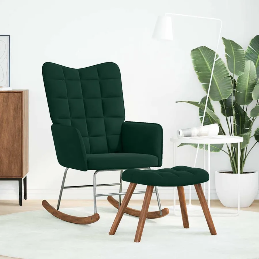 Chaise à bascule avec tabouret en velours vert foncé - 2