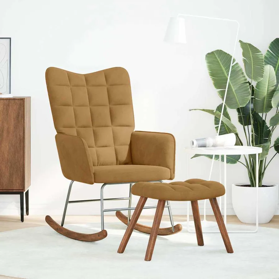 Chaise à bascule avec repose-pied marron velours - 2