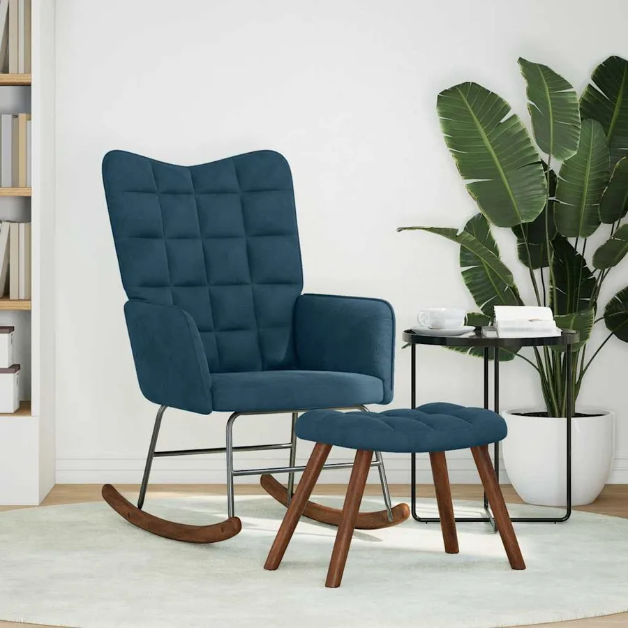 Chaise à bascule avec repose-pied bleu velours - 2