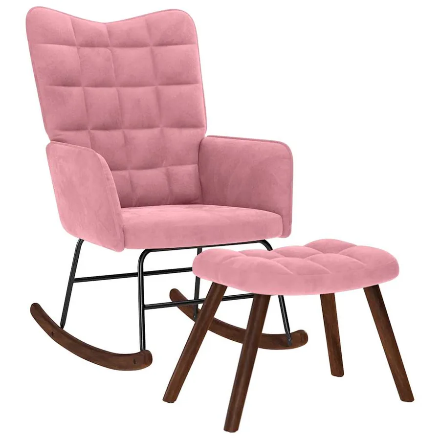 Chaise à bascule avec repose-pied rose velours