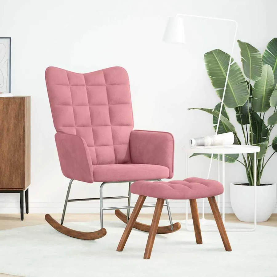 Chaise à bascule avec repose-pied rose velours - 2