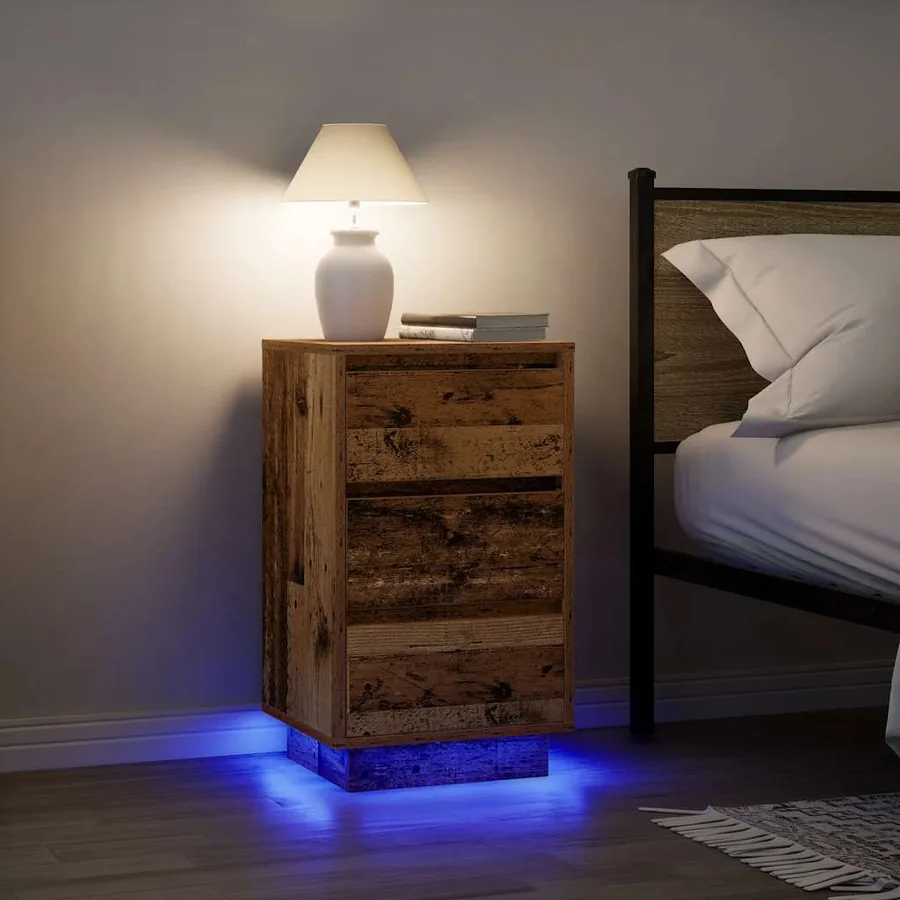 Table de chevet avec lumières LED vieux bois 38x34x65 cm