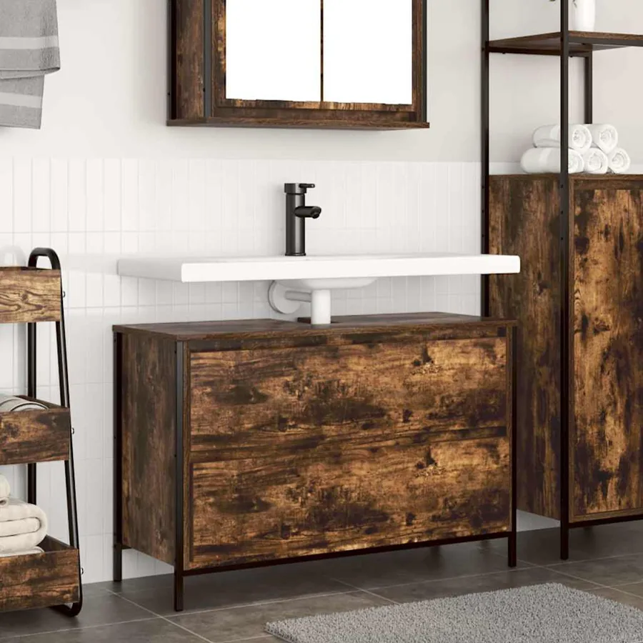 Meuble de salle de bain lavabo tiroirs chêne fumé 90x34,5x60 cm
