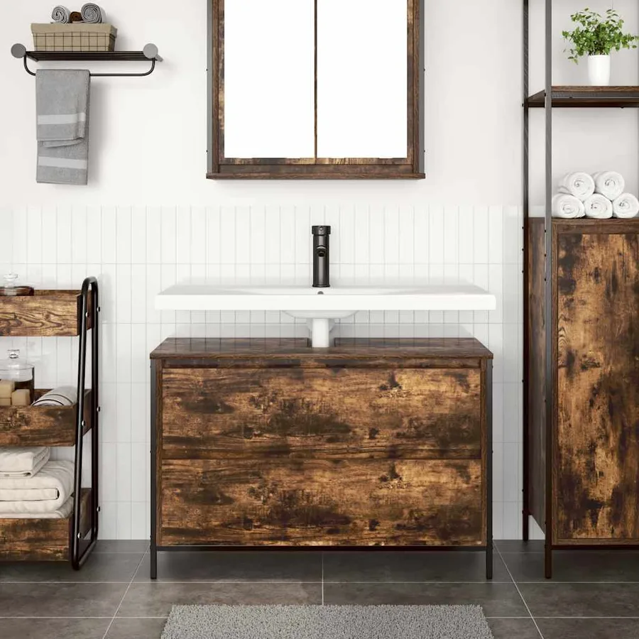 Meuble de salle de bain lavabo tiroirs chêne fumé 90x34,5x60 cm - 3