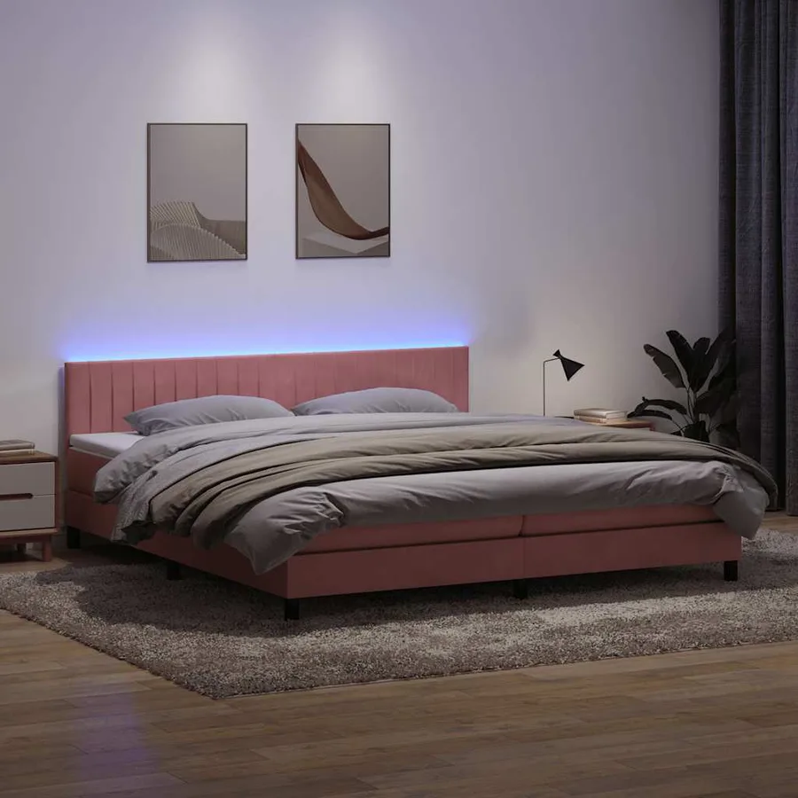 Sommier à lattes de lit avec matelas et LED rose 180x220 cm velours - 4