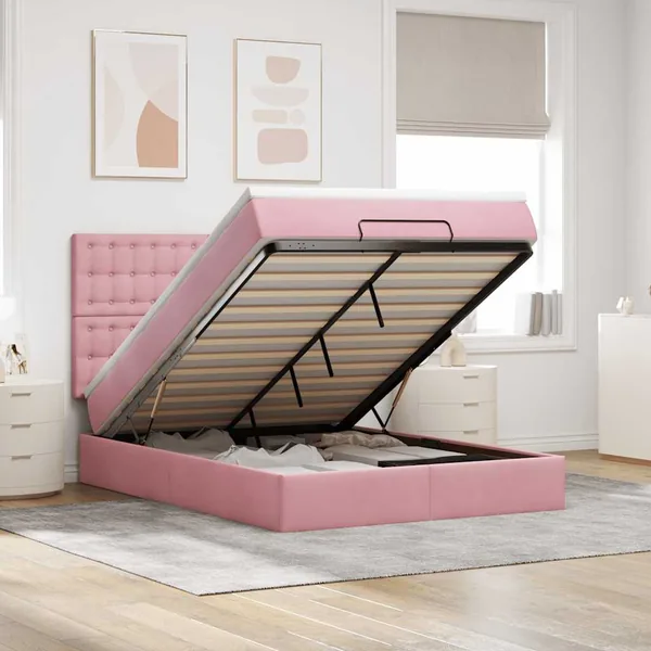 Cadre de lit ottoman avec matelas rose 140x200 cm velours