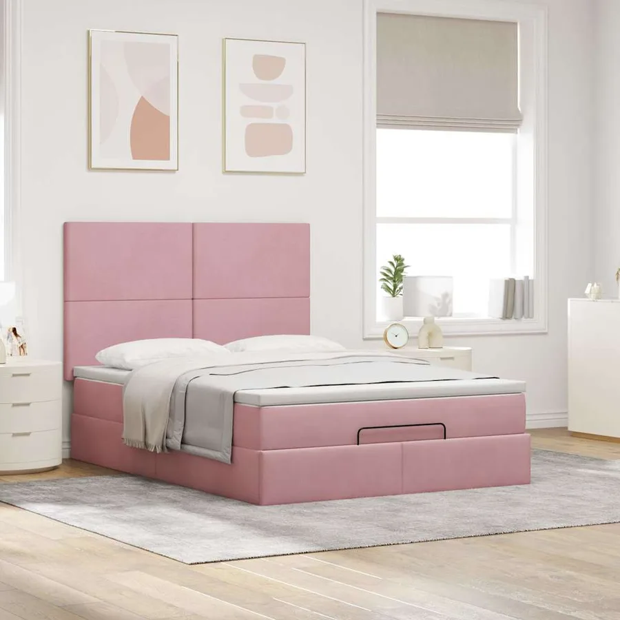 Cadre de lit ottoman avec matelas rose 140x200 cm velours - 4