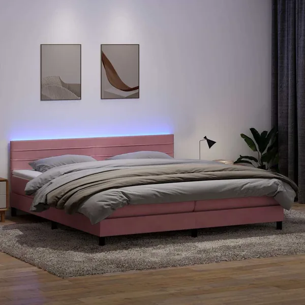 Sommier à lattes de lit avec matelas et LED rose 200x220 cm velours