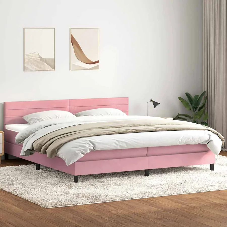 Sommier à lattes de lit avec matelas et LED rose 200x220 cm velours - 4