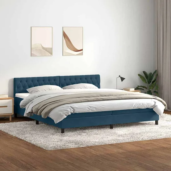 Sommier à lattes de lit et matelas bleu foncé 180x220cm velours