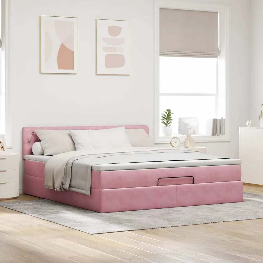 Cadre de lit ottoman avec matelas rose 160x200 cm velours - 3