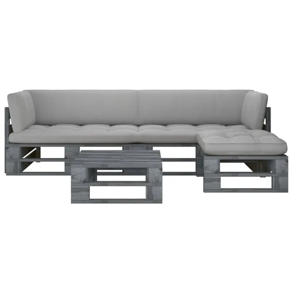 Salon de jardin palette 4pcs avec coussins Pin imprégné de gris