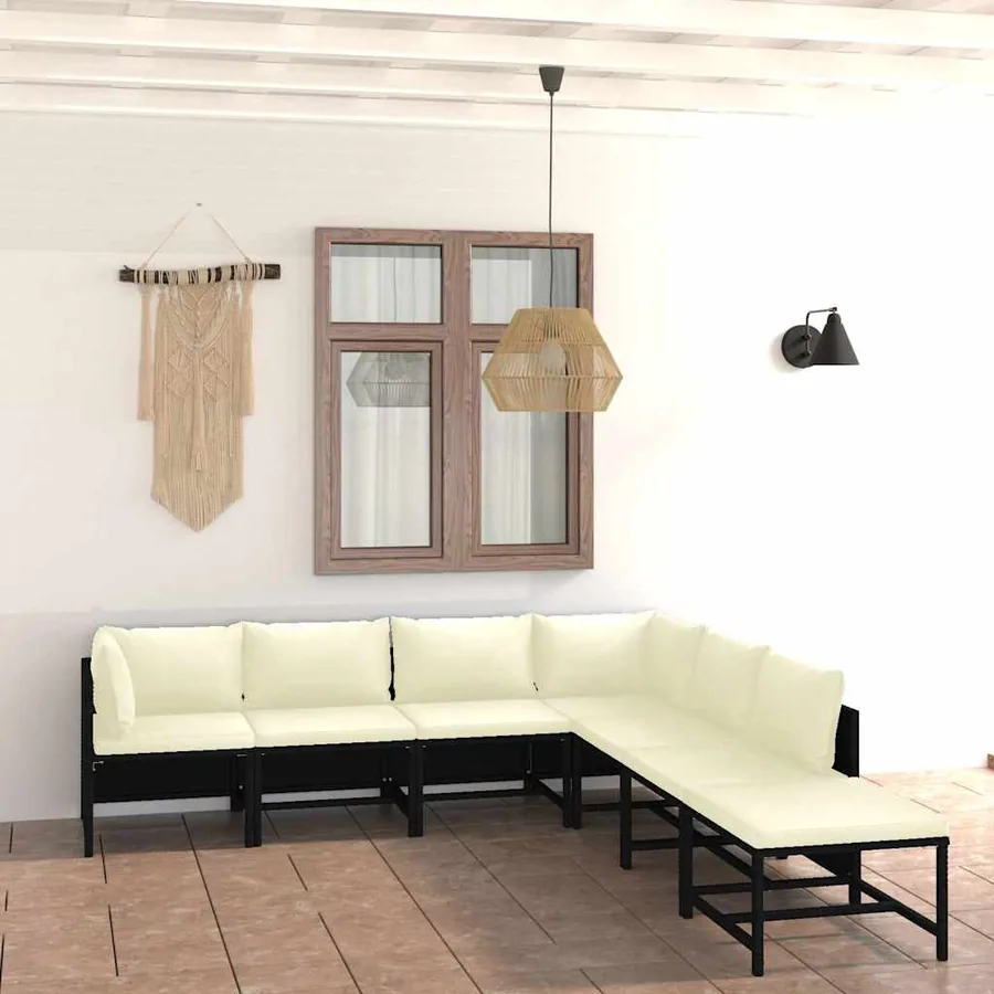 Salon de jardin 7 pcs avec coussins Résine tressée Noir