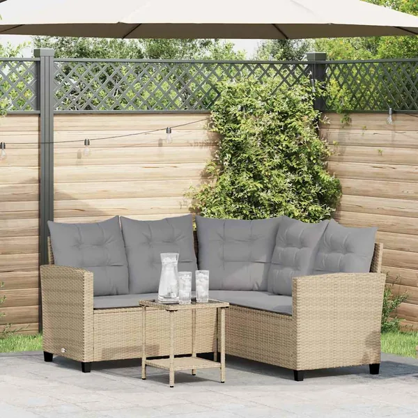 Canapé de jardin avec table et coussins en forme de L beige