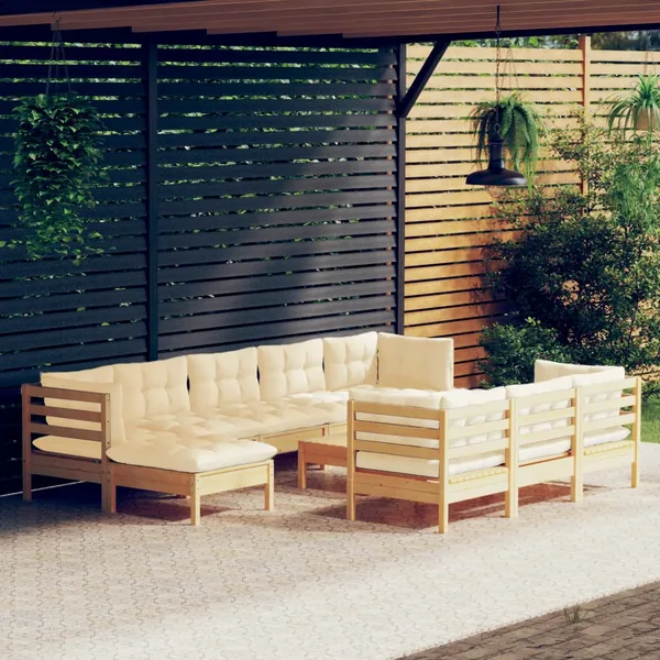 Salon de jardin 11 pcs avec coussins crème Bois de pin solide