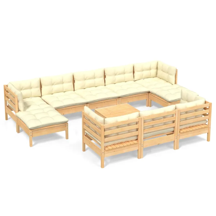 Salon de jardin 11 pcs avec coussins crème Bois de pin solide - 2
