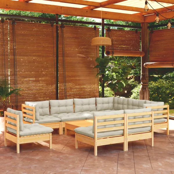 Salon de jardin 10 pcs avec coussins crème bois de pin massif