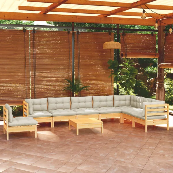 Salon de jardin 9 pcs avec coussins crème bois de pin massif