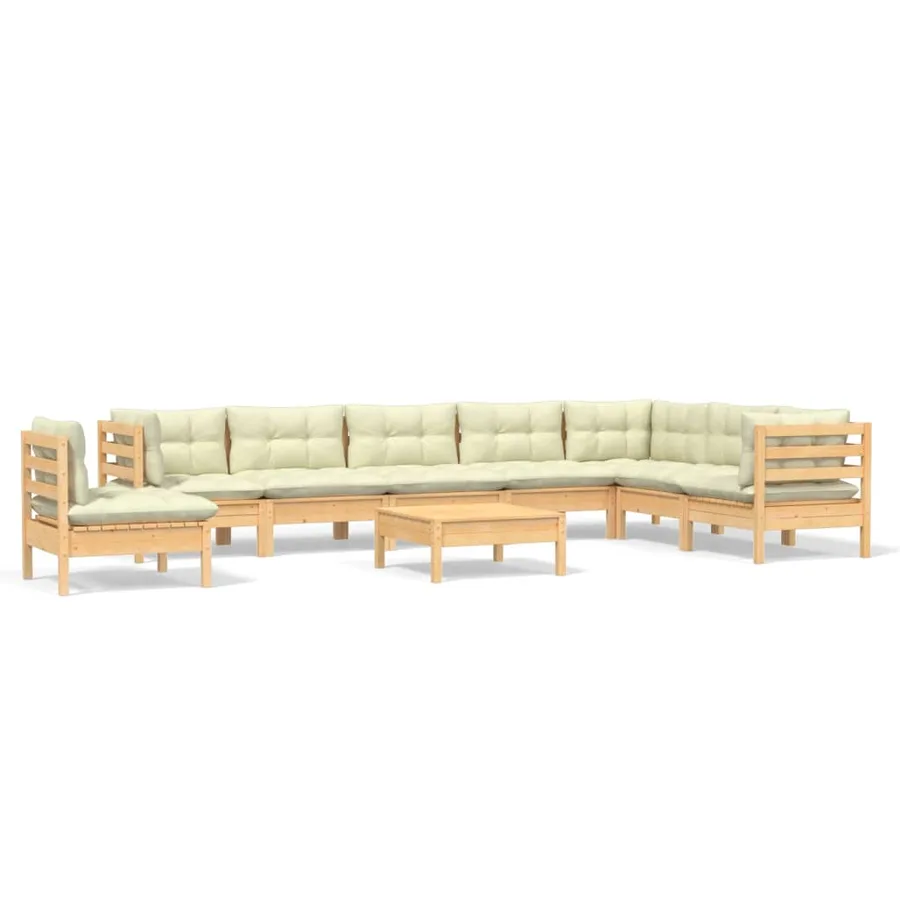 Salon de jardin 9 pcs avec coussins crème bois de pin massif - 2