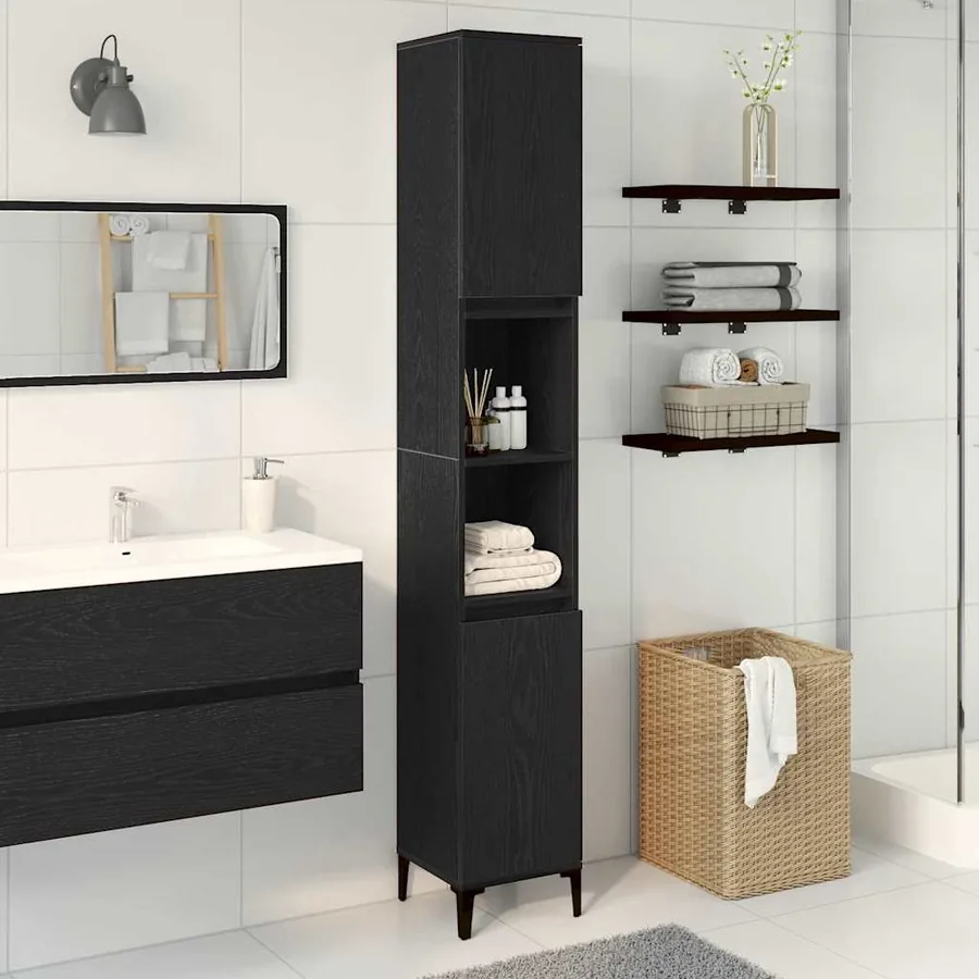 Cabinet de salle de bain avec porte Chêne noir 30 x 30 x 190 cm