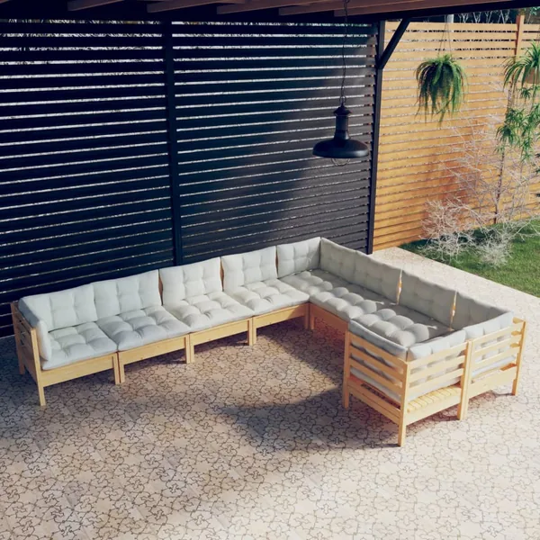 Salon de jardin 9 pcs avec coussins crème bois de pin