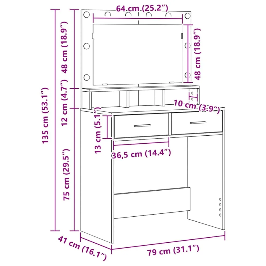 Table de Toilette Blanc 79 x 41 x 135 cm Bois d'ingénierie - 13