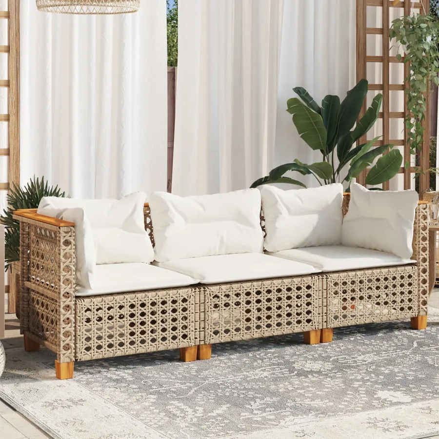 Canapé de jardin avec coussins 3 places beige résine tressée - 3