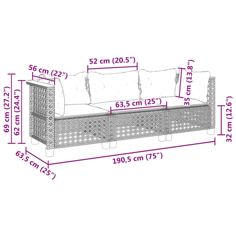 Canapé de jardin avec coussins 3 places beige résine tressée - 8