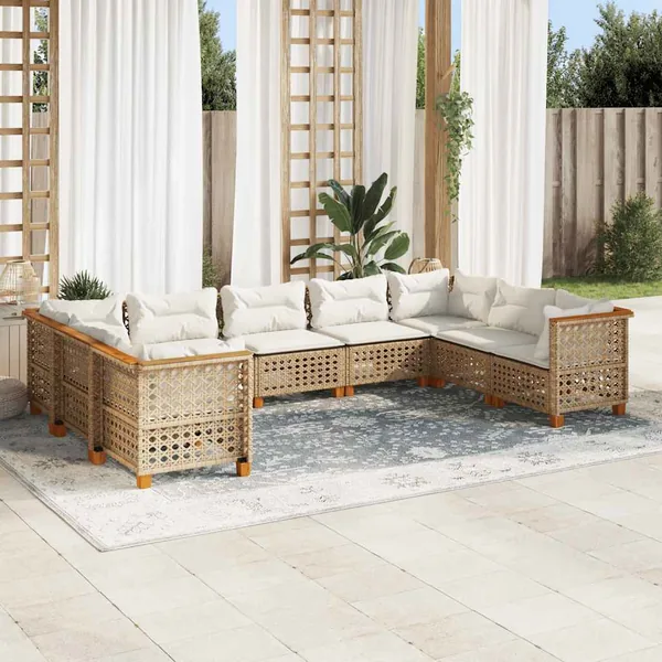 Salon de jardin avec coussins 9 pcs beige résine tressée