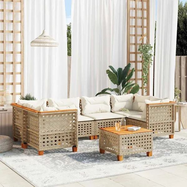 Salon de jardin avec coussins 7 pcs beige résine tressée