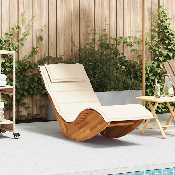 Chaise longue à bascule avec coussin en bois d'acacia massif